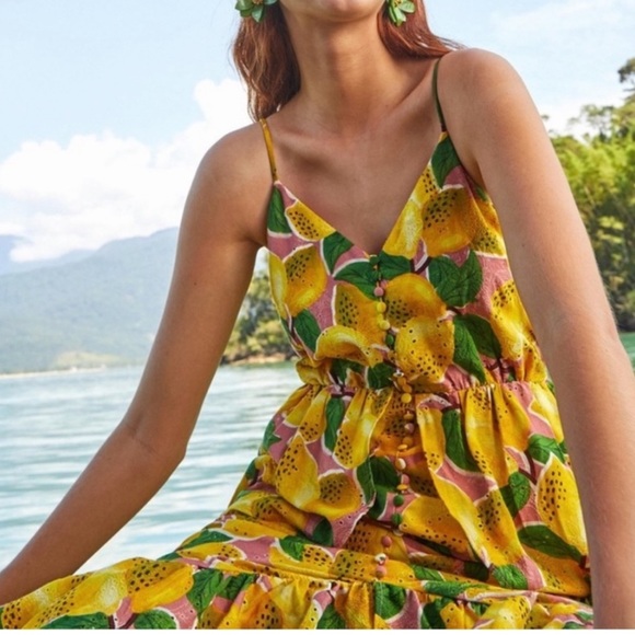 Farm Rio / anthropologie Fresh Lemons Ruffled Midi Dress Small - Picture 2 of 15